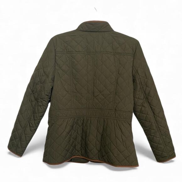 Talbots Quilted Barn Jacket Womens M Olive Green Brown Snap Button Front Pockets - Picture 2 of 7